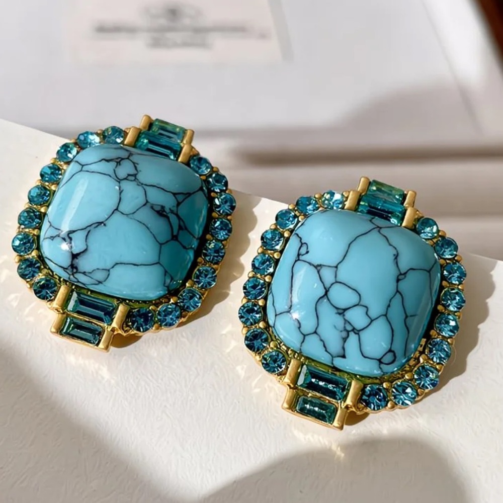 🩵 Turquoise Statement Earrings Gold Crystal Studs Vintage Style Bold Jewelry - Picture 4 of 8